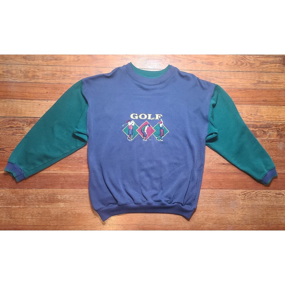 Vintage Golf Graphic Sweatshirt Med Navy Green Double Layered Colorblock